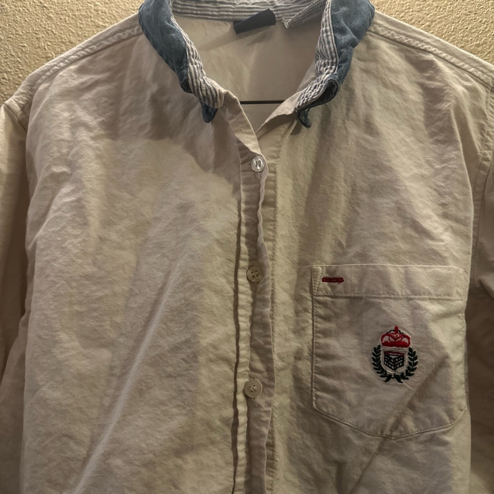White Button-Up Shirt with Embroidered Crest